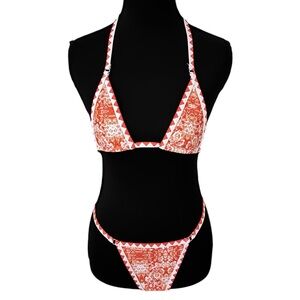 String Bikini Orange White Thong Size M in EUC